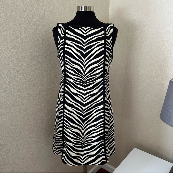 J. Crew Zebra Print Linen Sleeveless Black Cream Mini Dress Size 8 - Picture 3 of 14